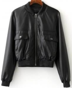 China Ladies PU Leather Down Jacket , Zipper Short Warm Black Leather Bomber Jacket on sale