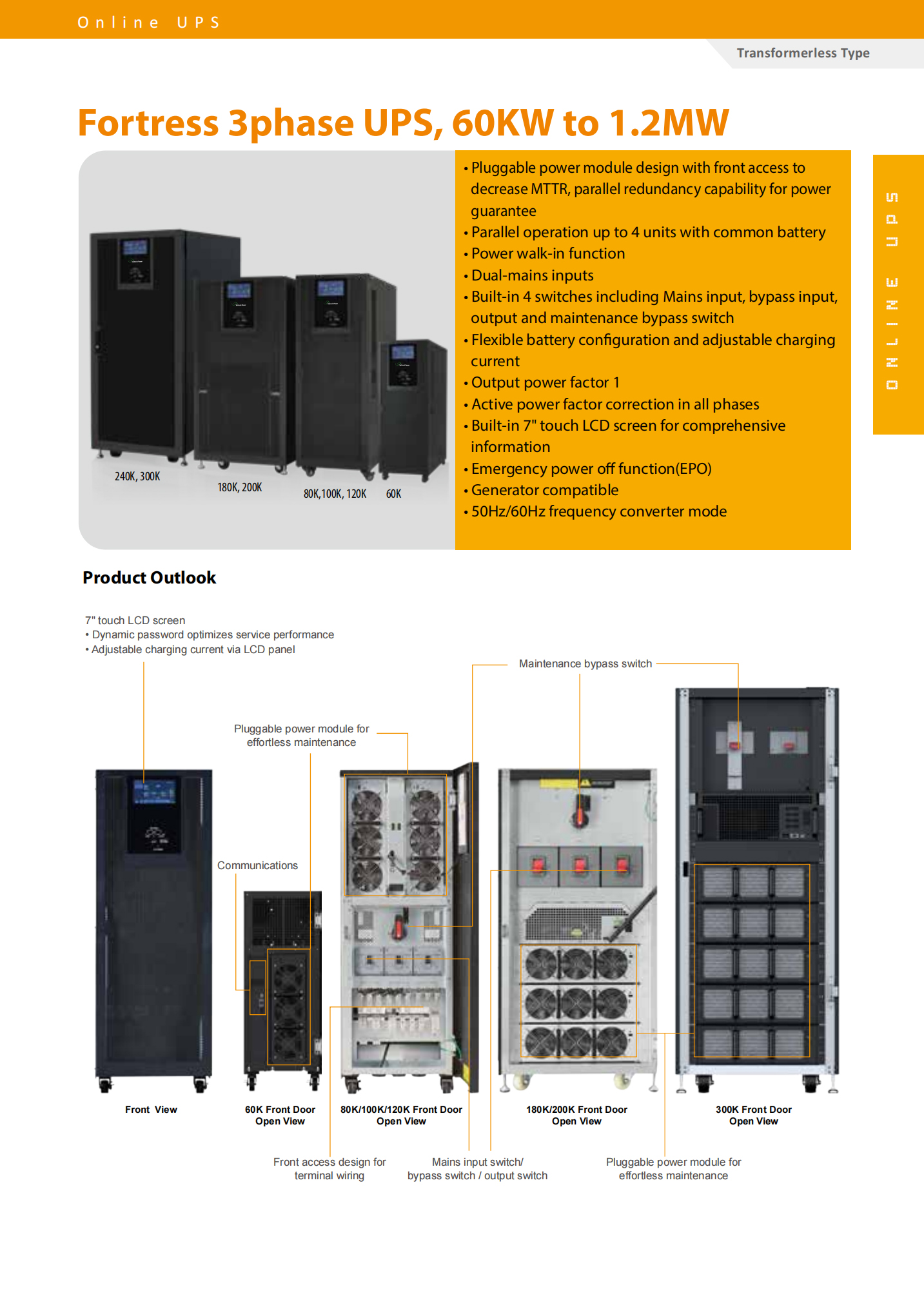 60KW 3 Phase OEM Visench Fortress 3p3p 60K Weight Kgs 94/169/249/360 UPS for Data Center