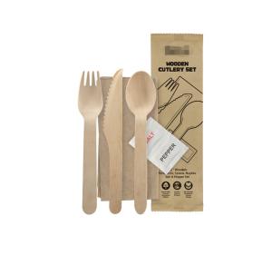China 160mm wooden knife fork spoon set paper includes napkin wooden disposable cutlery wholesale