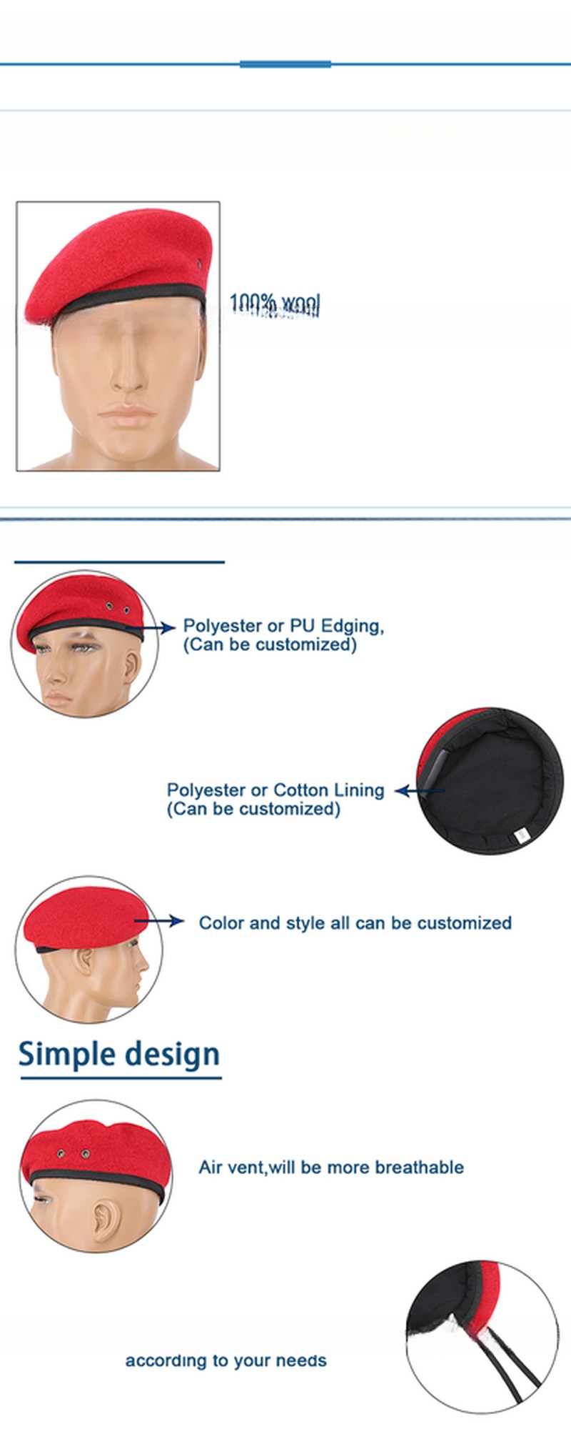 Customized Breathable Comfortable Beret 100% Wool Material for Adults in Casual Style