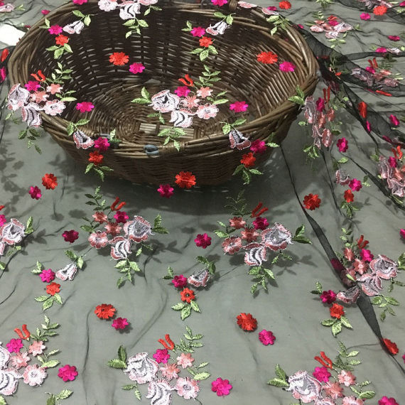 Embroidered Floral Lace Fabric Netting Cloth With Multi Colored Flower Pattern