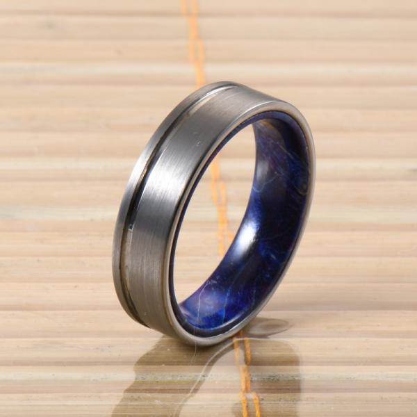 Sample Making 6mm Brushed Silver Tungsten Carbide Rings Inlay Blue Purple Box Elder Wood Flat Dome Beveled Edge Wedding Band