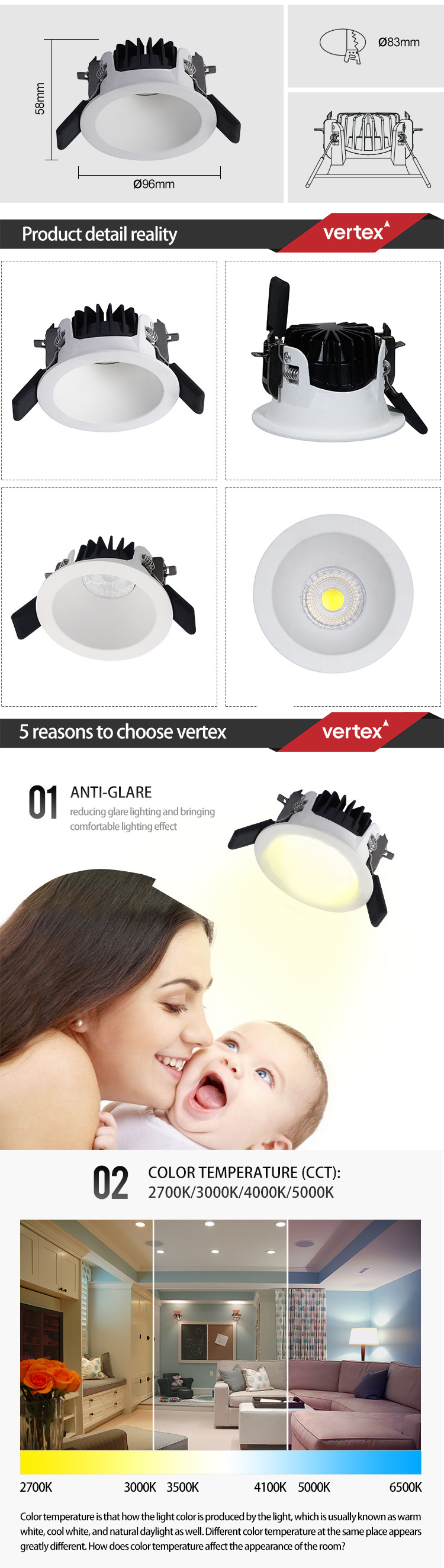 VERTEX Round Shape Dimmable LED Downlights Easy Installation