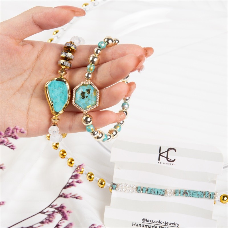 Inner Peace Balance Natural Turquoise Bead Bracelet Gold Foil