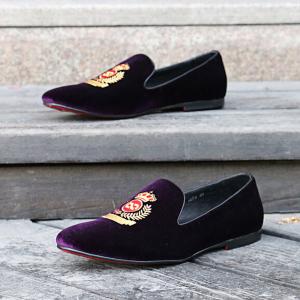 China Various Occasions Mens Brown Leather Loafer Shoes , Crown Embroidered Velvet Slipper wholesale