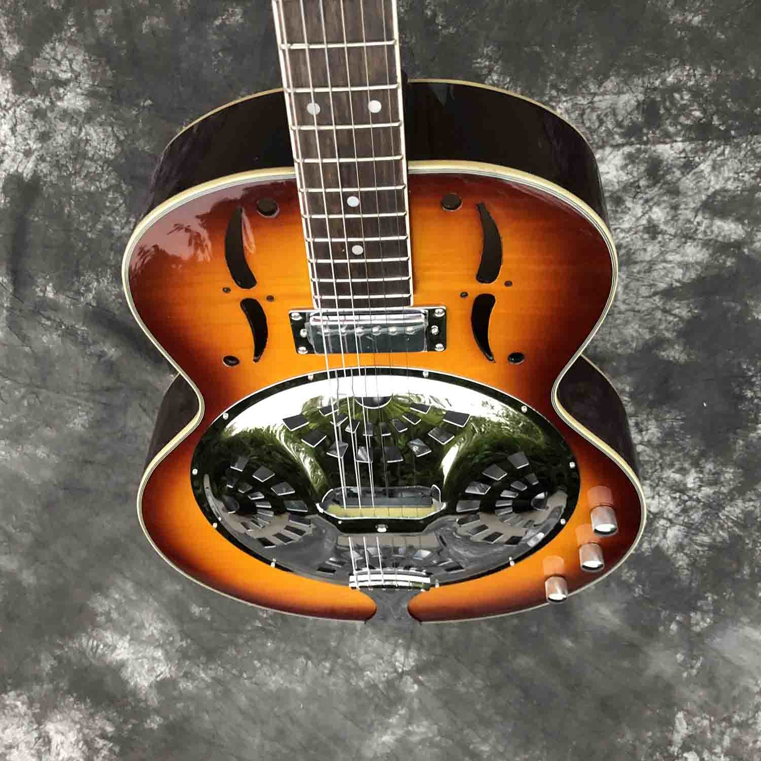 Custom Cherry Burst Flamed Maple Top Dobro Resonator Steel Electric Guitar