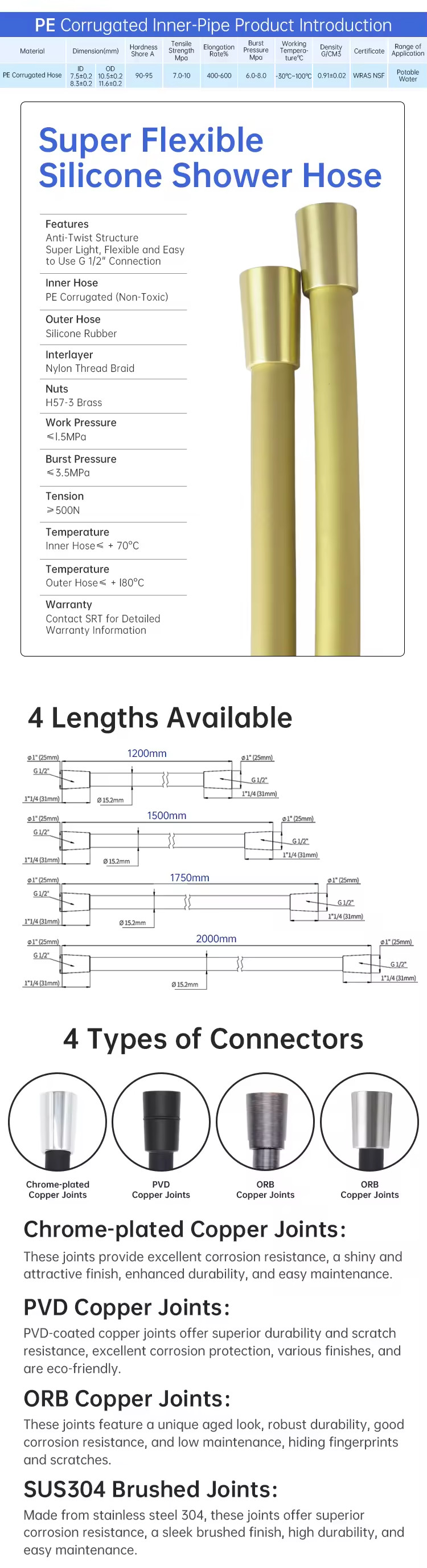 Briskspring Flexible Silicone Shower Hose in Brushed Gold