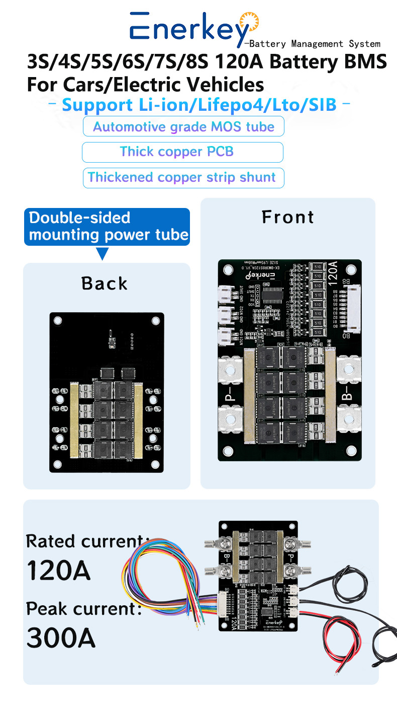 Enerkey 3S 120A Continuous 300A Peak High-Current LiFePO4 Li-ion BMS for Solar Energy Storage and Power Tools