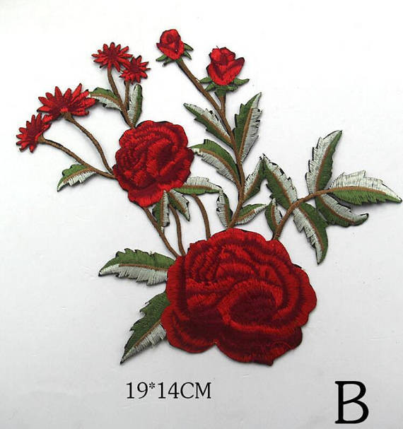 Polyester Embroidered Iron On Patches Appliques With Boutique Rose Flower 19*14 cm