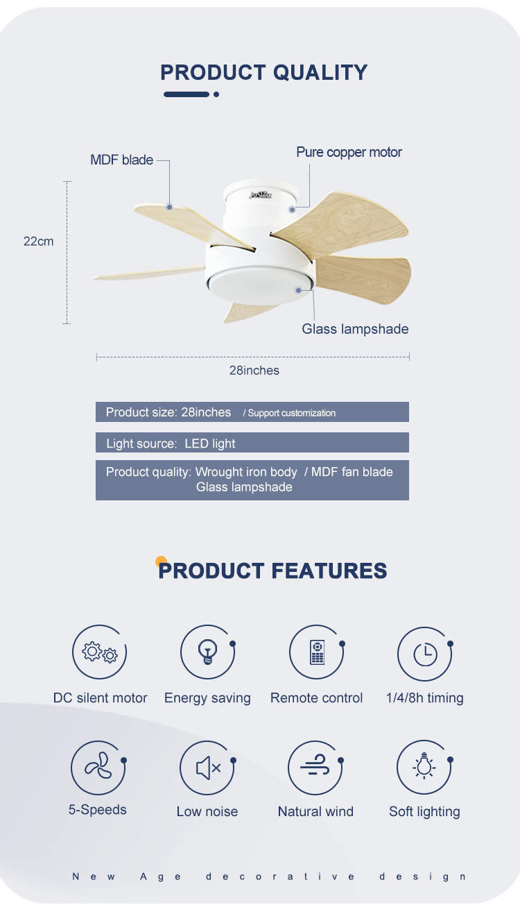 Energy Saving 28 Inch LED Ceiling Fan for Low Ceilings Metal Body and Flush Design
