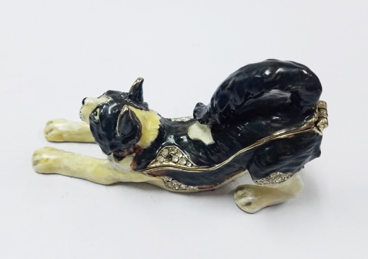 Cat trinket jewelry box metal cat figure bejeweled box cat enamel trinket box