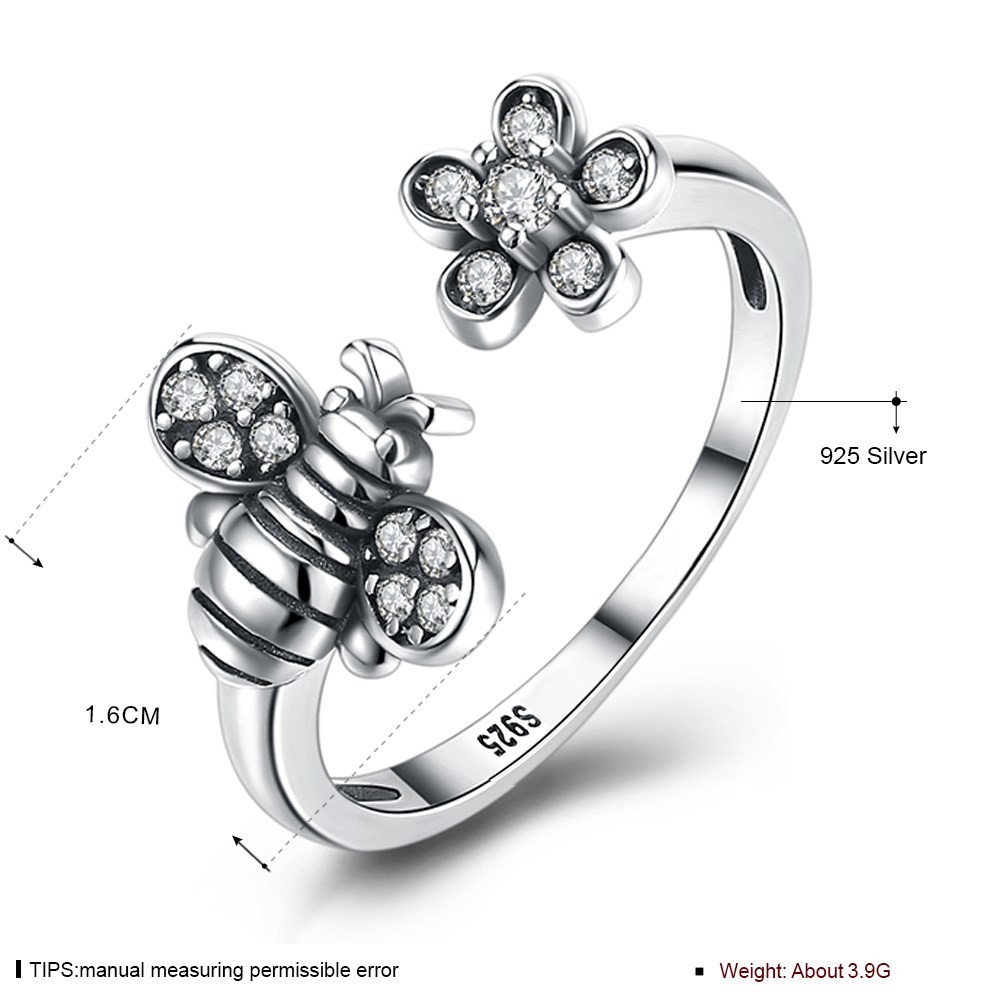 Sterling Silver 925 Adjustable Bee Cute Flower Ring