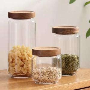 China 900ml Wood Cover Borosilicate Wide Mouth Glass Jars wholesale