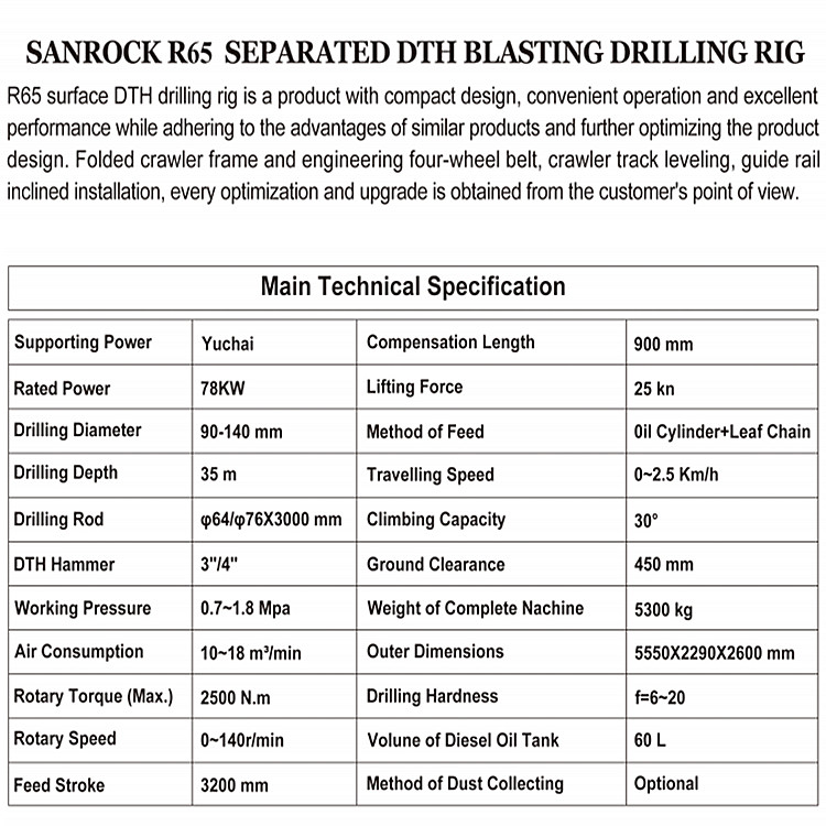 Mining Machinery DTH Drilling Rig 78kw Engine Rotary Borehole Hydraulic Drilling Rig