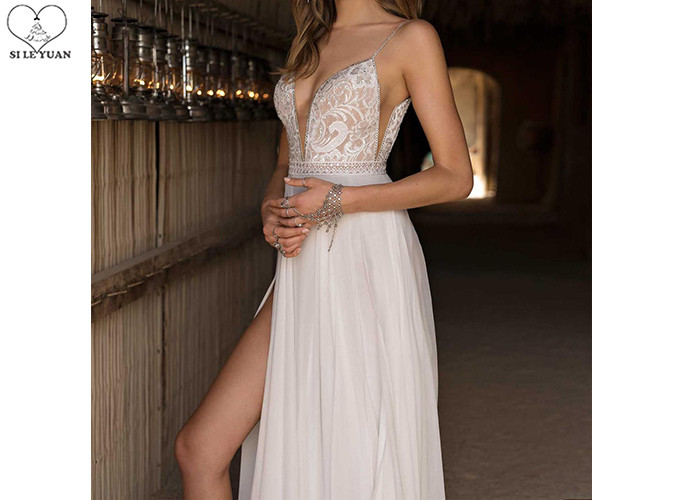 Embroidery Beading Sexy Halter Bridal Gowns Deep V Neck Chiffon High Slit
