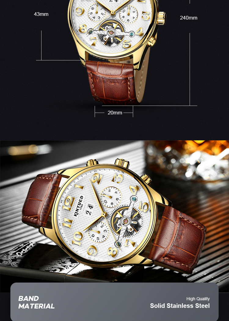 luxury brand custom Logo Waterproof Skeleton Leather stainless steel Automatic Mens Tourbillon Watches