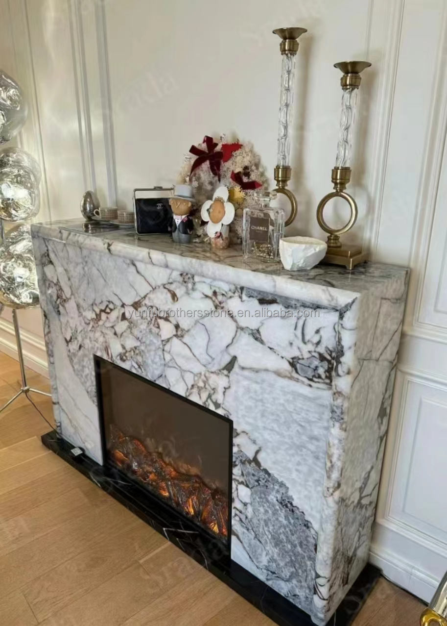 Villa Living Room Fireplace Surrounds Modern Indoor Marble Stone Fireplaces Customized