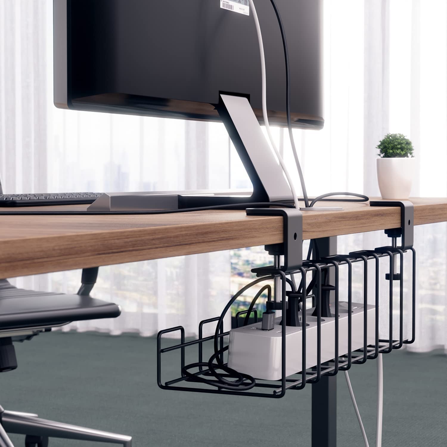 Adjustable Cable Management Tray for Desk No Drilling Required Large Space Metal Tray