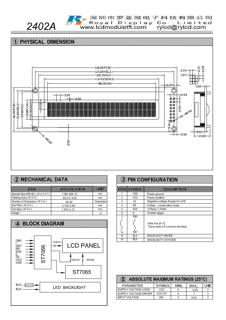 FSTN Positive Character LCD Display 24X2 Stn Blue Monochrome 3.7 Inch