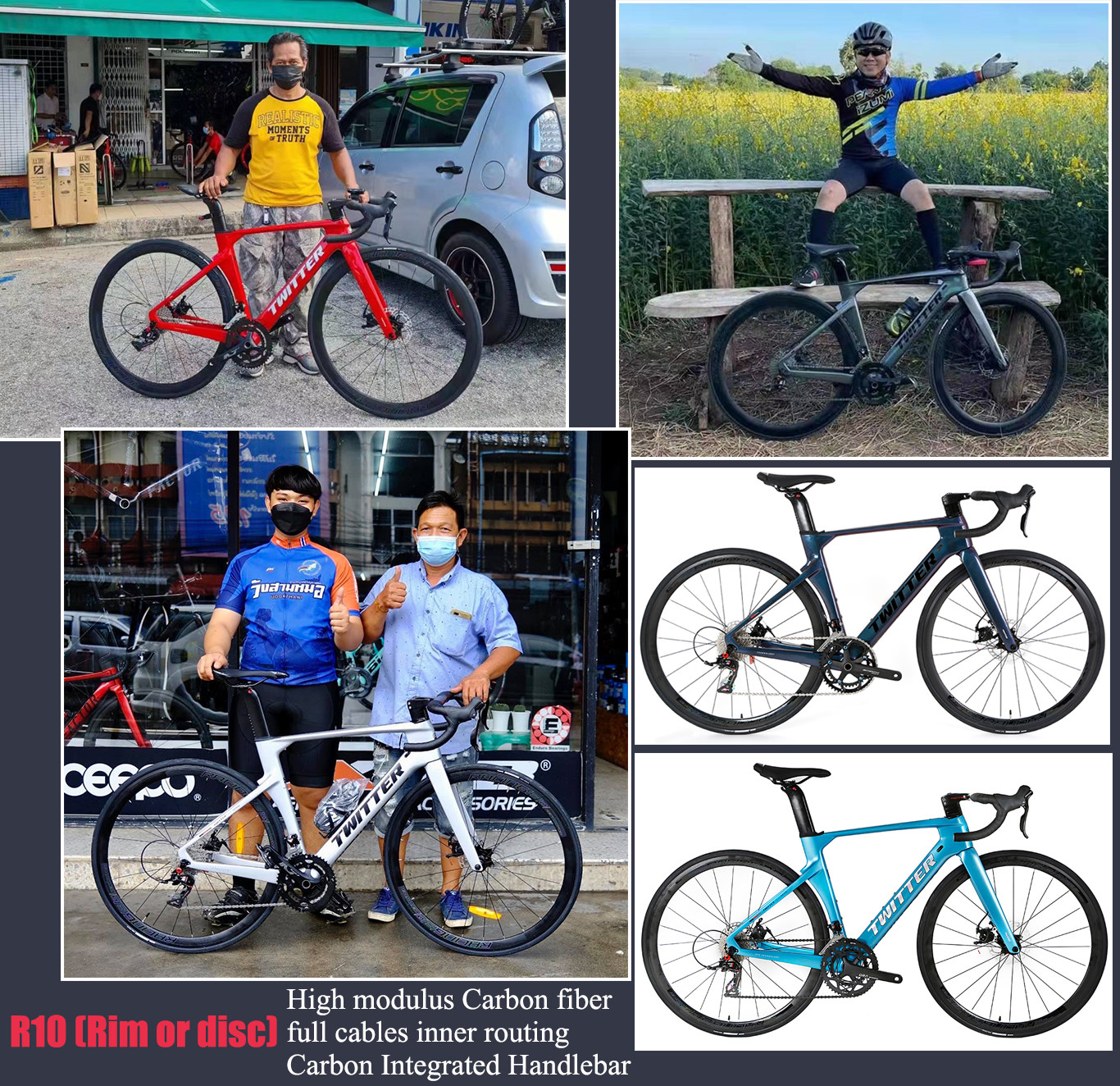 High Modulus T900 Carbon Road Disc Bike TWITTER R10 700C Aluminum Alloy Rim