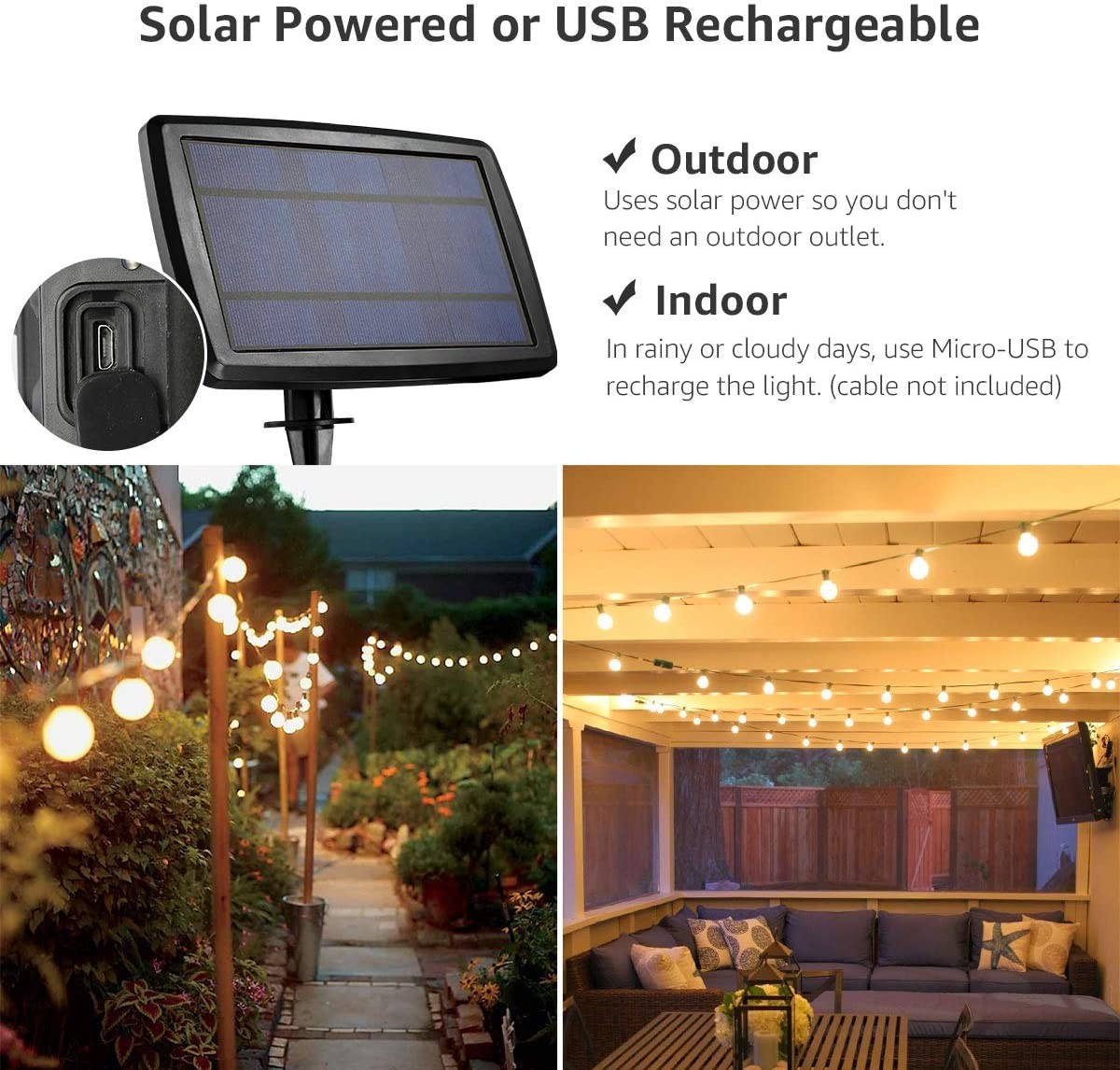 2700K 25ft G40 Bulb Patio Solar Outdoor String Lights