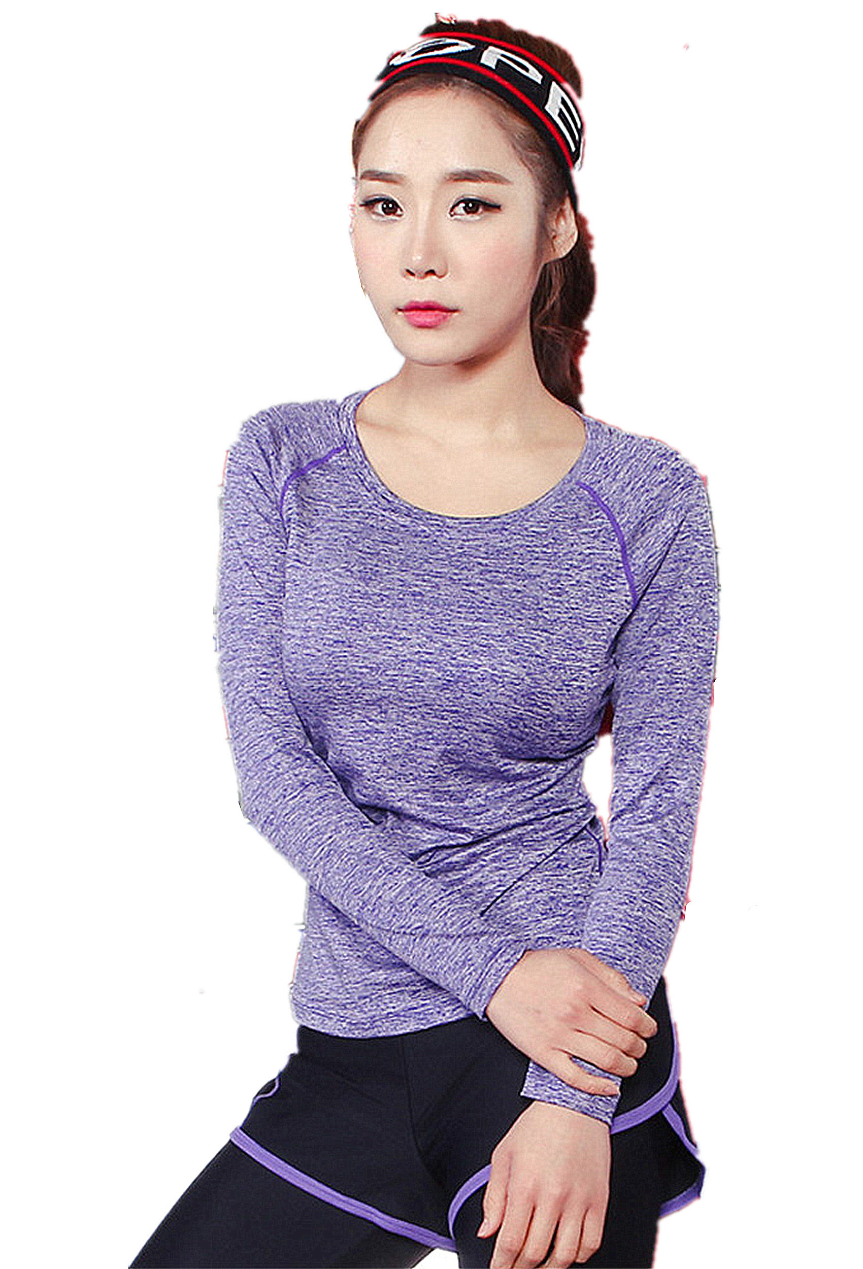 CPG Global Women Pure Color Polyester Slim Long Sleeves Round Collar Gym Running Sports T-Shirts S-L S43