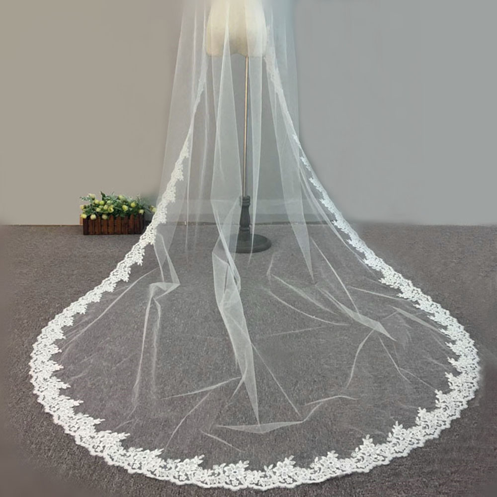 108" Embroidery Cord lace with Rhinstone Ivory/White Bridal Veil Wedding Accessories