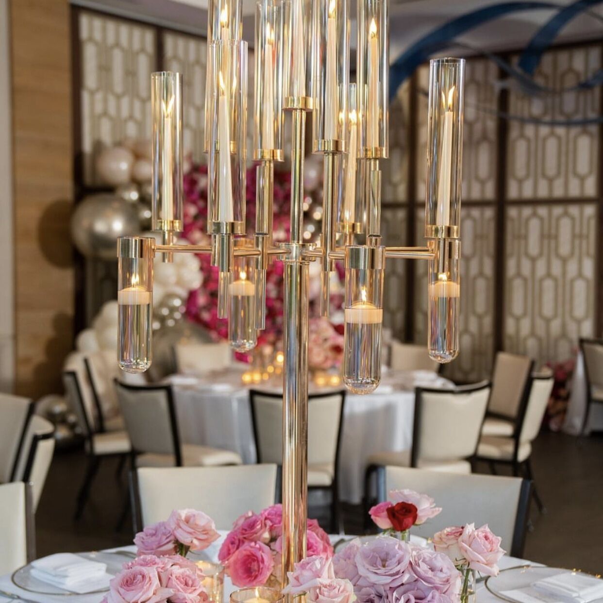 Gold Metal Flower Stand Wedding Outdoor 80cm Large Crystal Table Tree Centerpiece