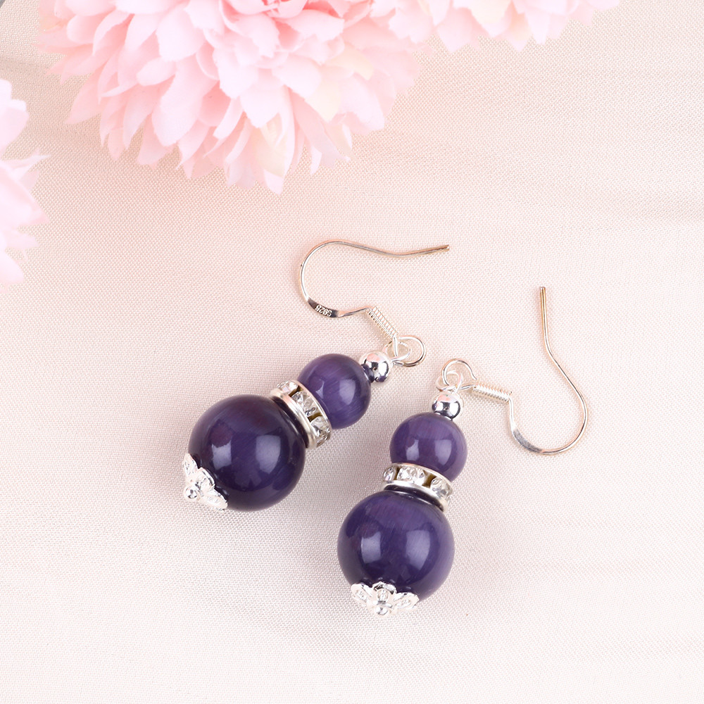 Handmade Crystal Stone Earrings Purple Cat's Eye Gemstone Beaded Pendant Earrings