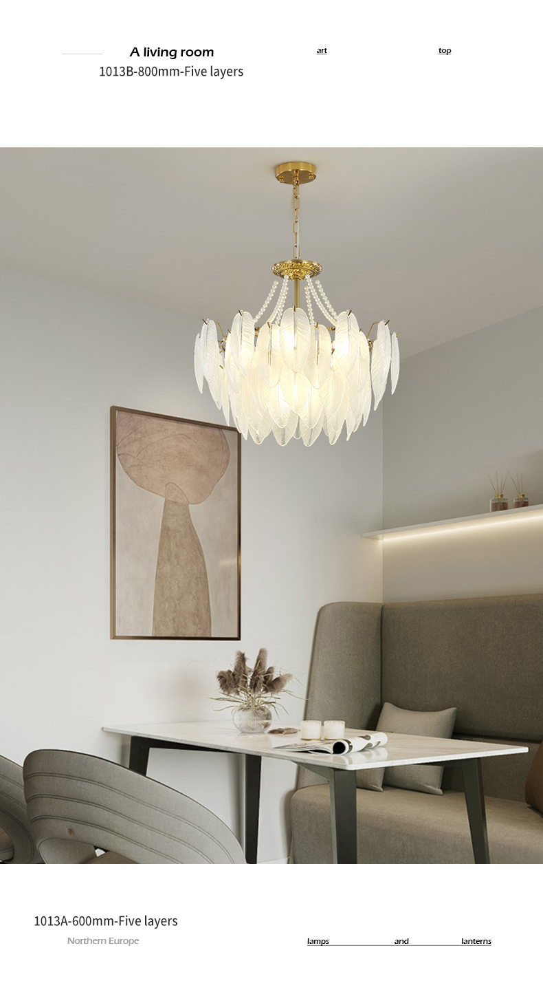 Modern Simple Pearl Feather Glass Chandelier Luxury Living Room Lamp Bedroom Dining Room White Chandelier(WHCY-253)
