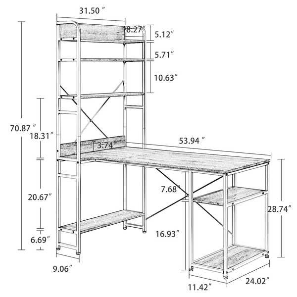 MDF Board 28.74"H Computer Desk Study Table With Bookshelf Rack