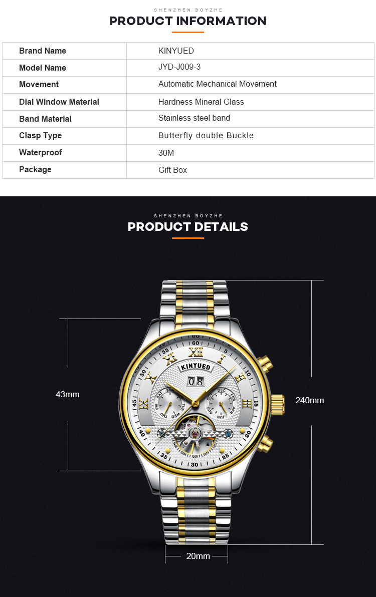 KINYUED Brand Two-Tone Gold Silver Case Automatic Movement Solid Stainless Steel Strap Waterproof Mechanical Men's Watch