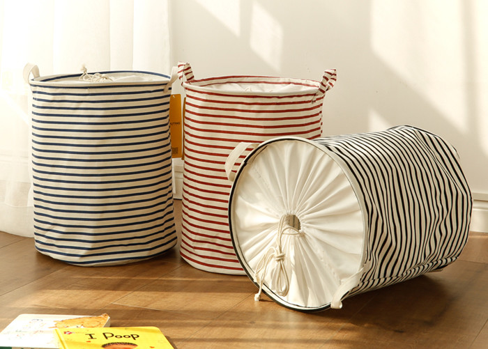 Puting portable Laundry basket storage bag box bathroom hamper bin customized colors stripe Green blue Cotton Linen