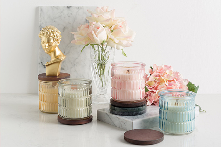 Vintage Glass Tealight Candle Holders Embossed Feature Wooden Cover