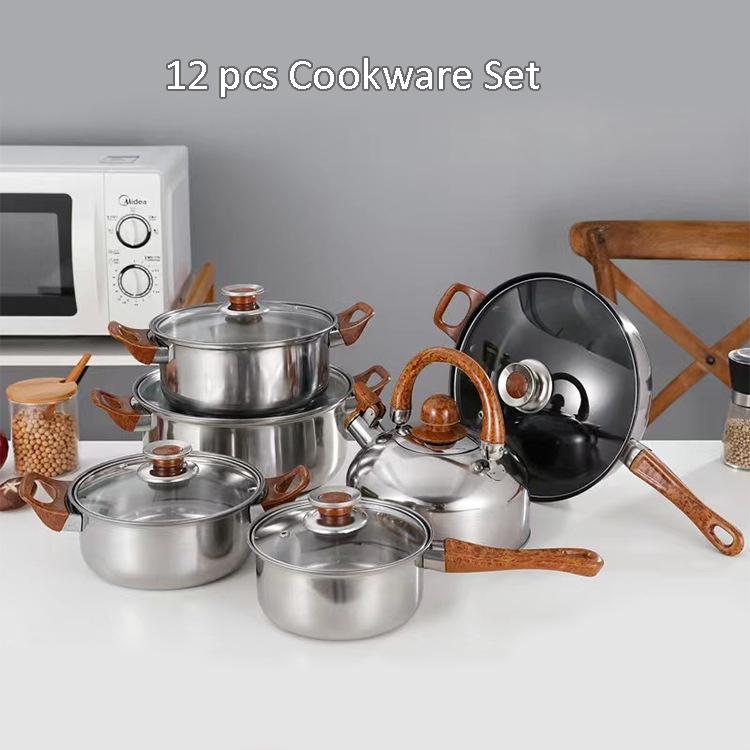 Kitchen 12pcs stainless steel 410 cookware set fry pan milk soup pot water kettle sale