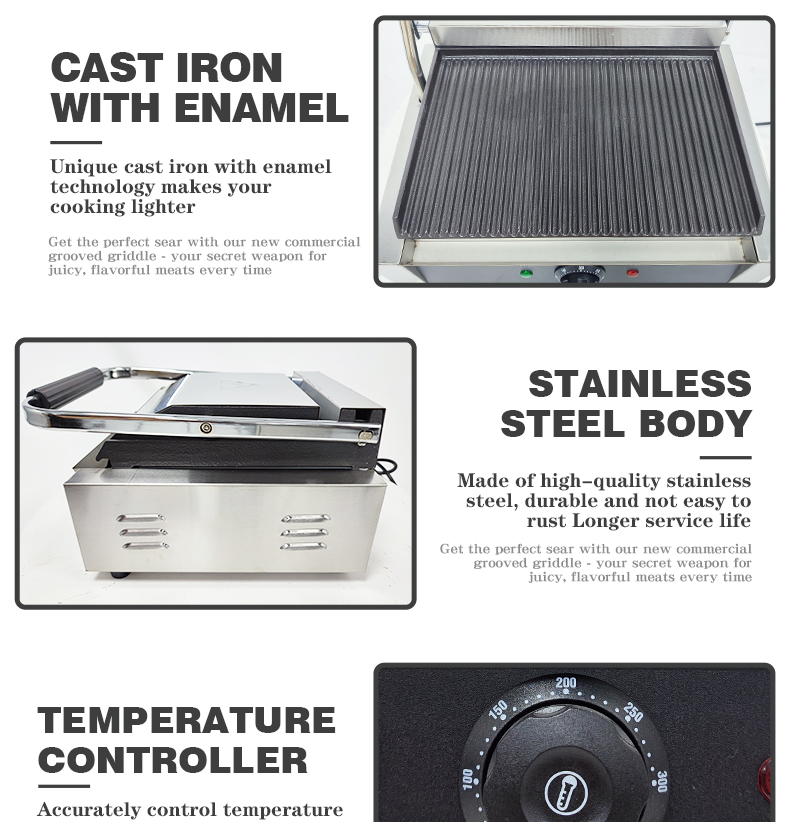 Stainless Steel Cast Iron Sandwich Panini Contact Grill Maker Dismountable Oil Collector