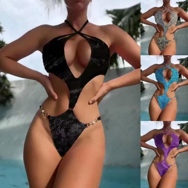Sexy Halter 1 Piece Bathing Suits Openwork Sexy One Piece Bikini Metal Chain