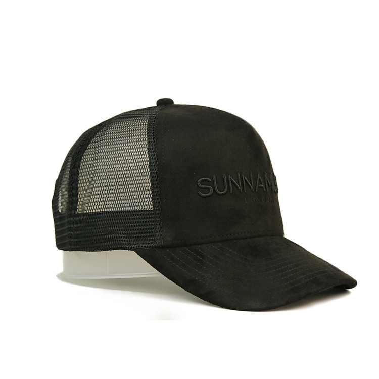 custom-made 3D embroidery 5 panel suede trucker cap with plastic buckle