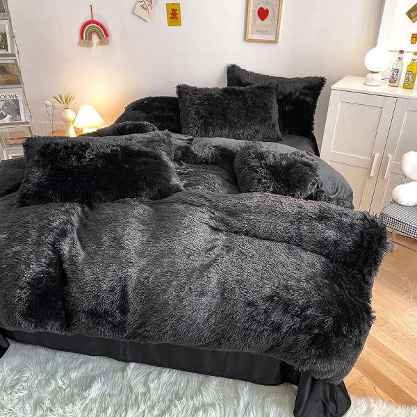 Warm Mink Velvet Crystal Bedding Solid Duvet Cover Set for Winter Dazzling Black Color