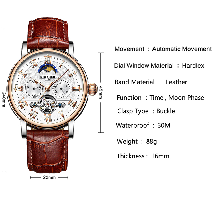 Tourbillon Automatic Movement With Moon Phase Mechanical Watch Fashion Leather Mechanical Mens Watch