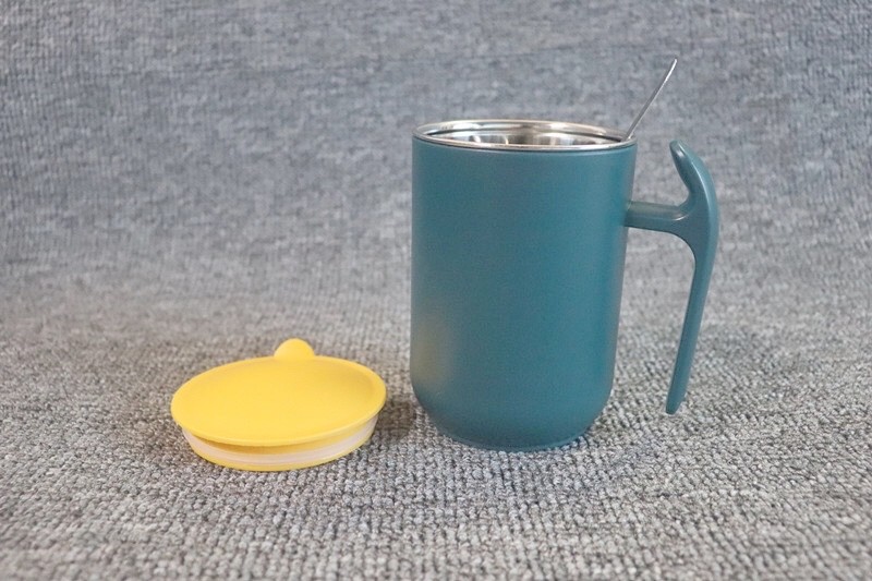 Plain Green Double Wall Keep Warm Metal Steel Coffee Mug With Lid Spoon