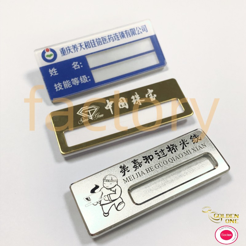 wholesale gold plated labels engrave concave custom embossed brand name logo tags metal name tag with magnet