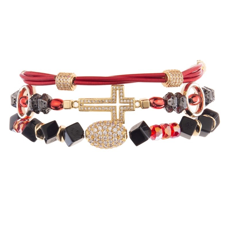 Vintage Gold Metal Red Stackable Beaded Elastic Bracelet For Spring Fashion