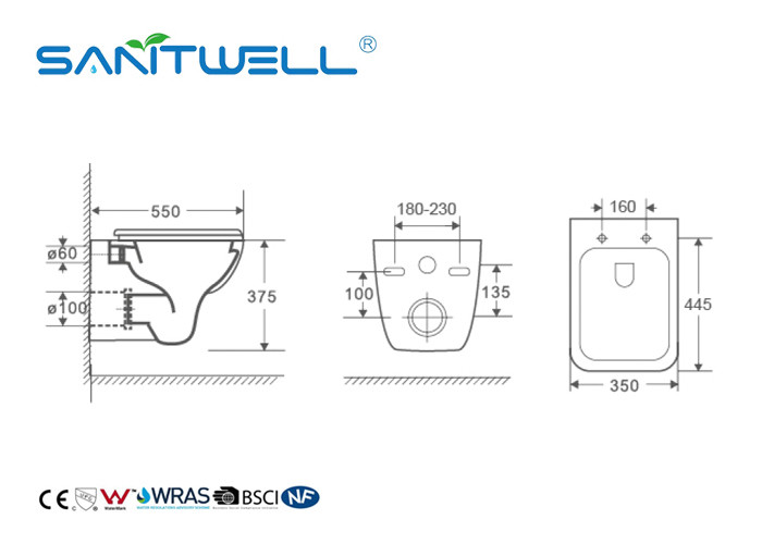 Sanitary Ware Rimless Wall Mounted WC Toilet With White Color P Trap
