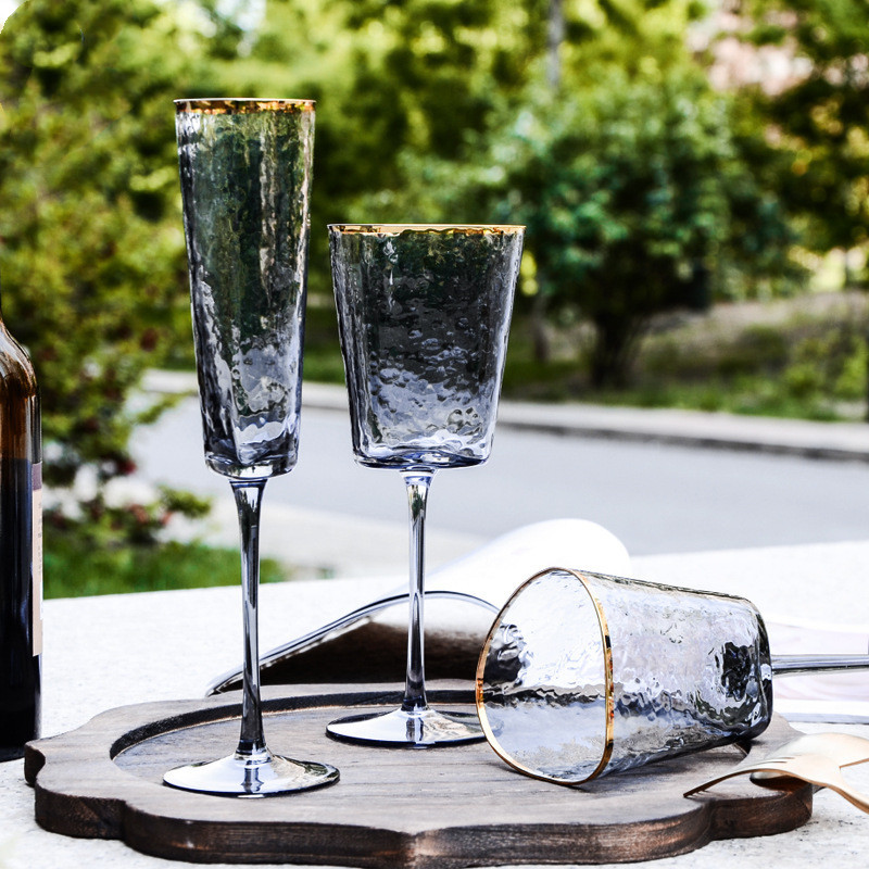 Handmade Gold Rim Hammered Champagne Flutes 150ml Dia 6.8cm