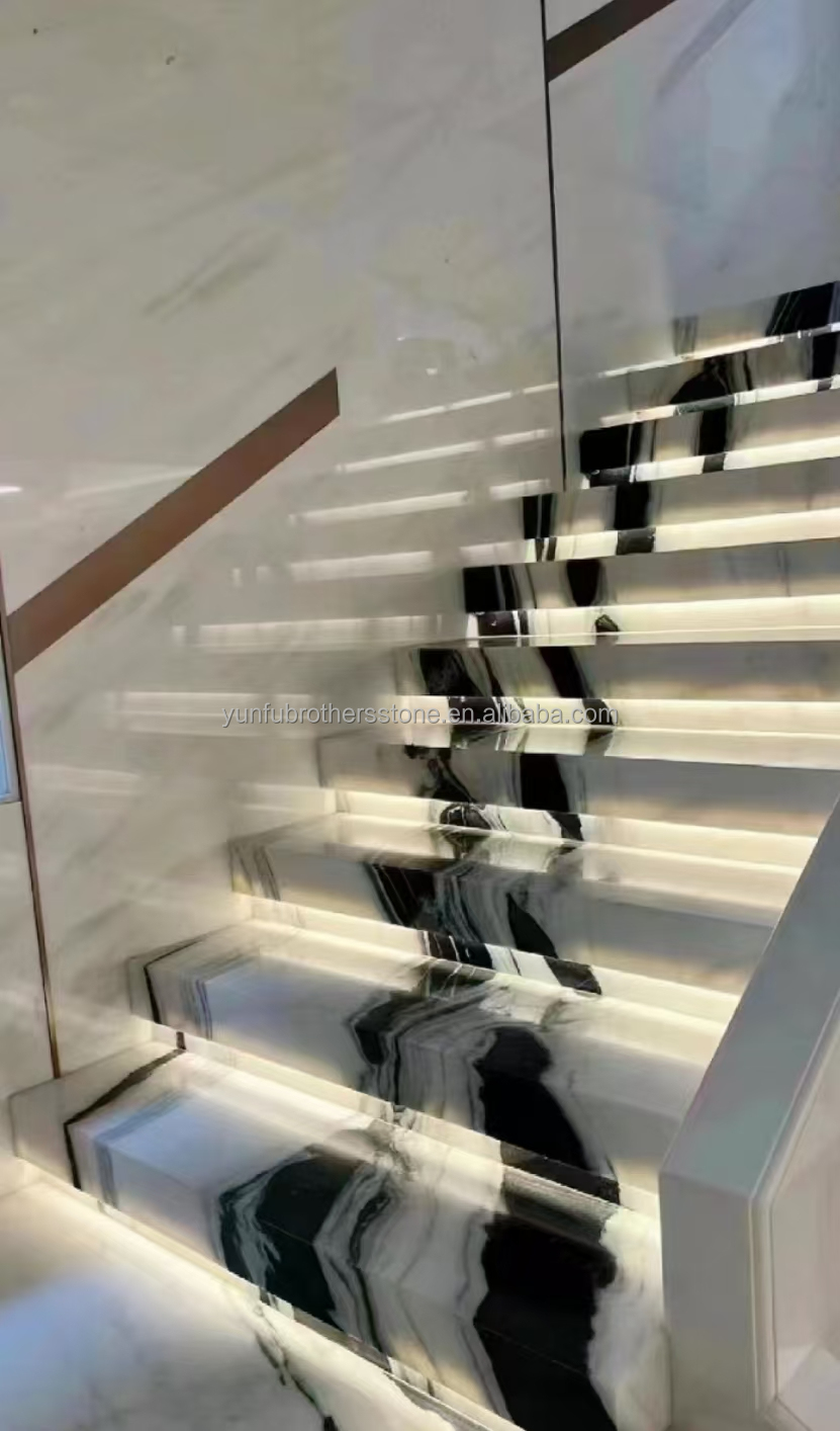 Modern Hotel Staircases Brothers Stone Panda White Marble Treads and Risers Anti Slip