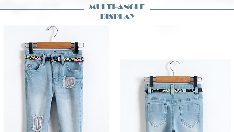 Light Blue Slim Fit Girls Adjustable Waist Jeans Pant With Lace On Hem