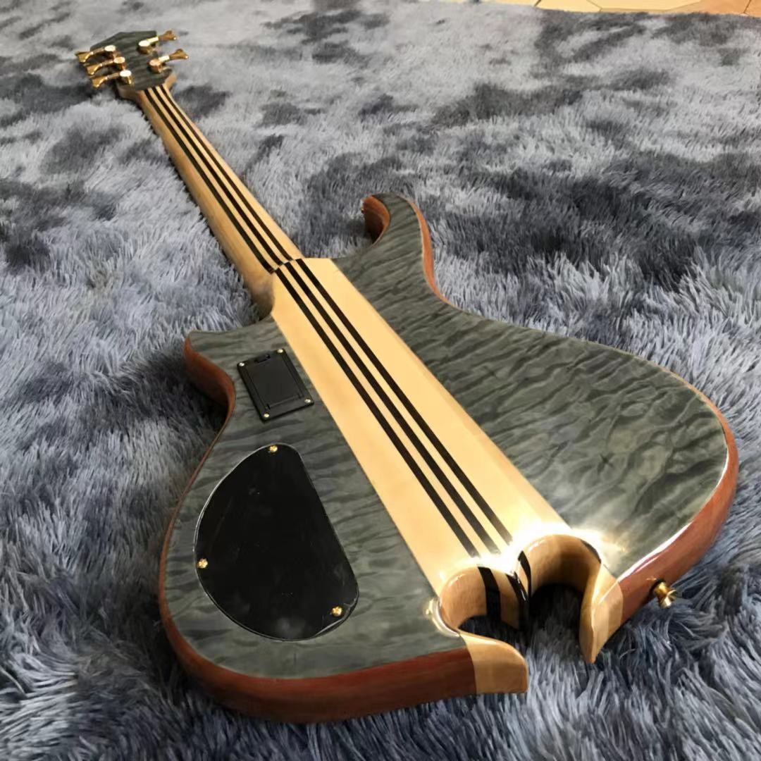 Custom Grand Neck Through Body Flamed Maple Top 5 Strings Bass Guitar Alem Cut Bottom Side LEDs