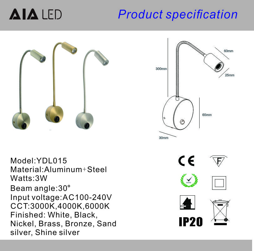3W manufacturer Snake lamp Bedside Reading wall lamp Hotel Headboard lighting bed Wall Lamp Gooseneck Light