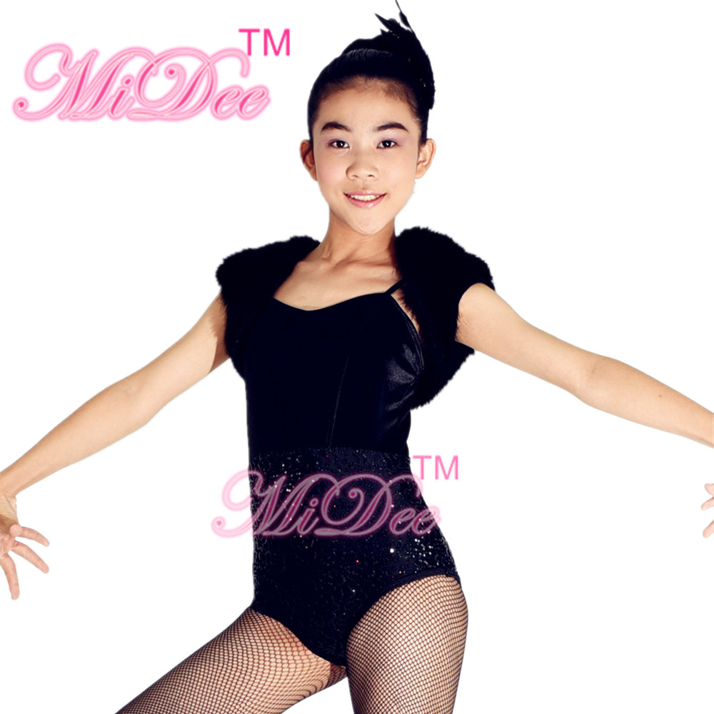 Sequin Jazz Dance Uniforms Black Swan Leotard Fur Jacket For Modern Dancing
